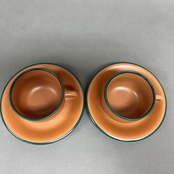 Vintage Brown Green Trim Cups and Saucers Mexico? Lot of 4 - Picture 2 of 4